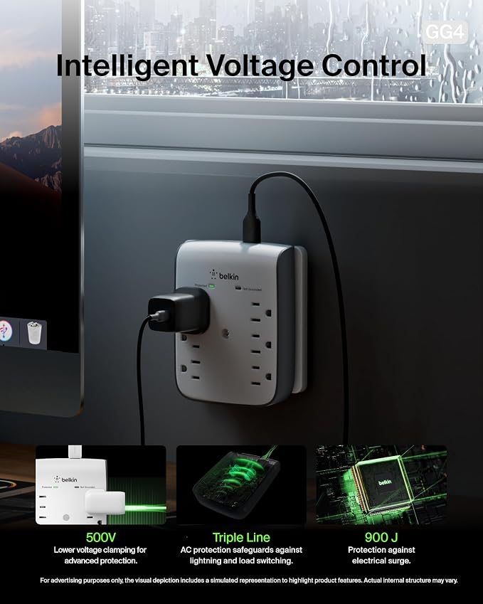 Belkin 6-Outlet Wall Surge Protector w/ 2 USB-A Ports, Wall-Mountable Surge - Image 4