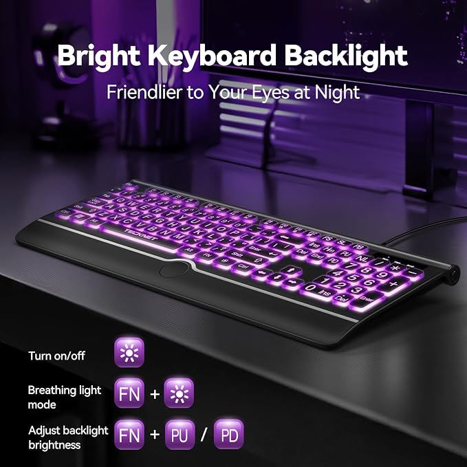 TECKNET Large Print Backlit Keyboard, Wired USB-A Computer Keyboard - Image 3