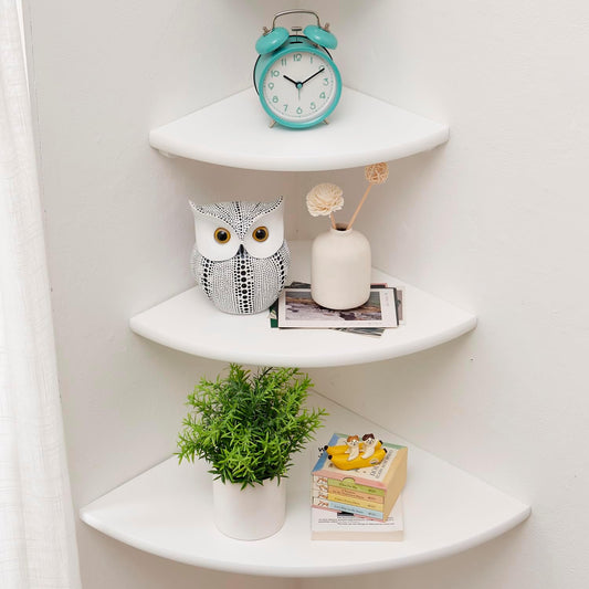 Corner Shelves, Floating Corner Shelf, Set of 3 Solid Oak Wood Corner Wall Shelves, Round End with Wire Hole Shelving for Small Plant for Bedroom Kitchen, Living Room (Size 9/10/12in)