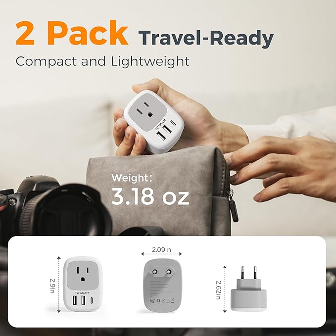 2 Pack European Travel Plug Adapter, TESSAN US to Europe Plug Adapter - Image 6