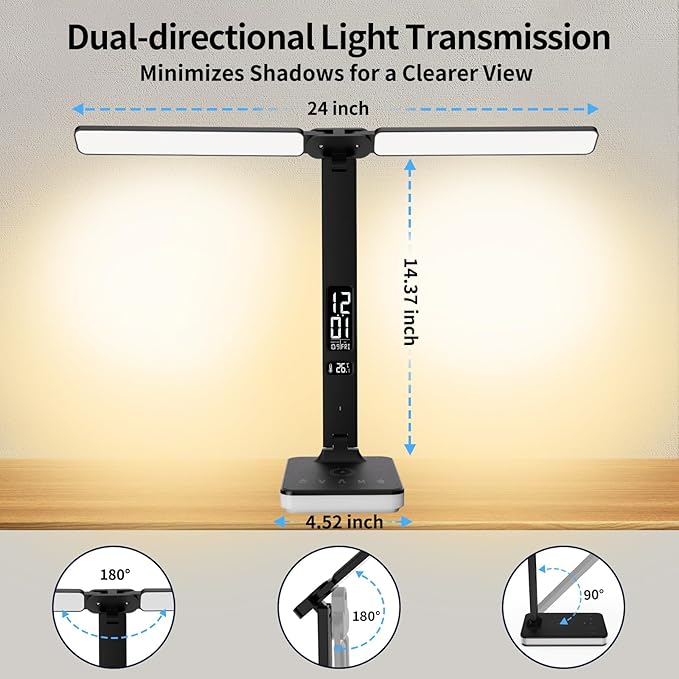 LED Desk Lamp with Charger, USB Charging Port, Dual Swing Arm Desk Light with 5 - Image 4
