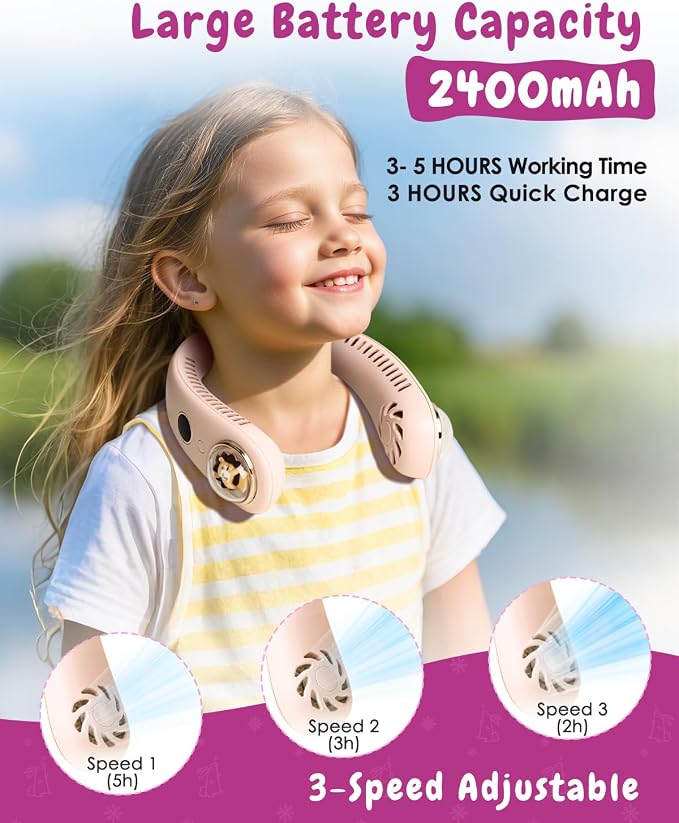 Neck Fan for Kids, Bladeless Portable Fan Rechargeable for 4-14Y Girls & Boys - Image 2