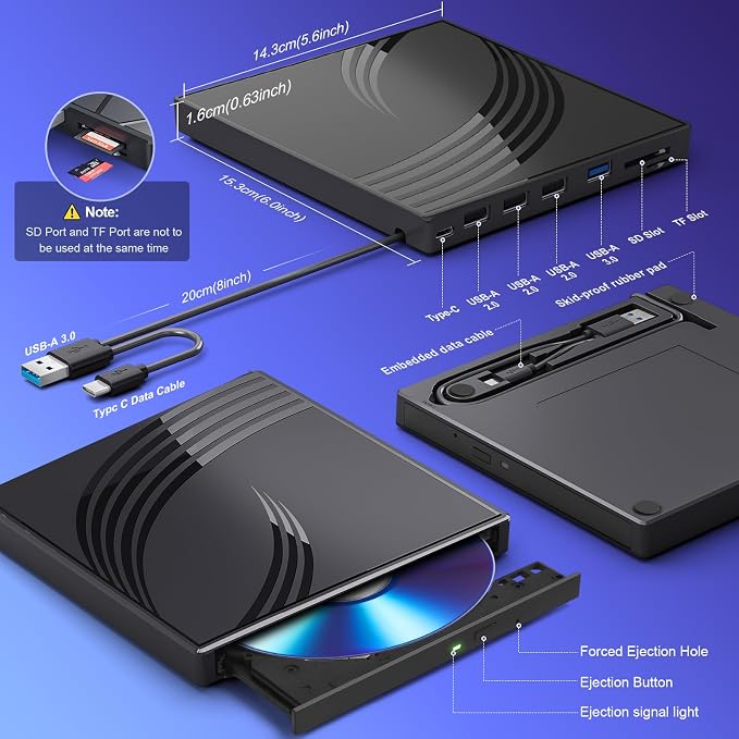 External CD/DVD Drive for Laptop, Ultra Slim CD Burner USB 3.0 Hub - Image 4