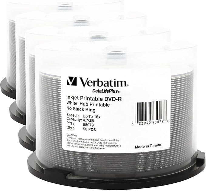 Verbatim DVD-R Blank Discs 4.7GB 16X DataLifePlus White Inkjet Printable by Verbatim