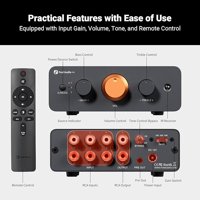 Fosi Audio P4 Mini Preamp with 3 RCA Inputs, Home Audio Stereo Pre amp - Image 3