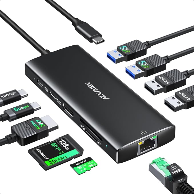 ABIWAZY USB C Hub Multiport Adapter, 10 in 1 USBC to Ethernet Adapter by ABIWAZY