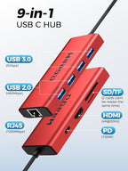QGeeM USB C Hub Ethernet, 9 in 1 USB Type C Hub HDMI Multi-Port Converter - Image 2