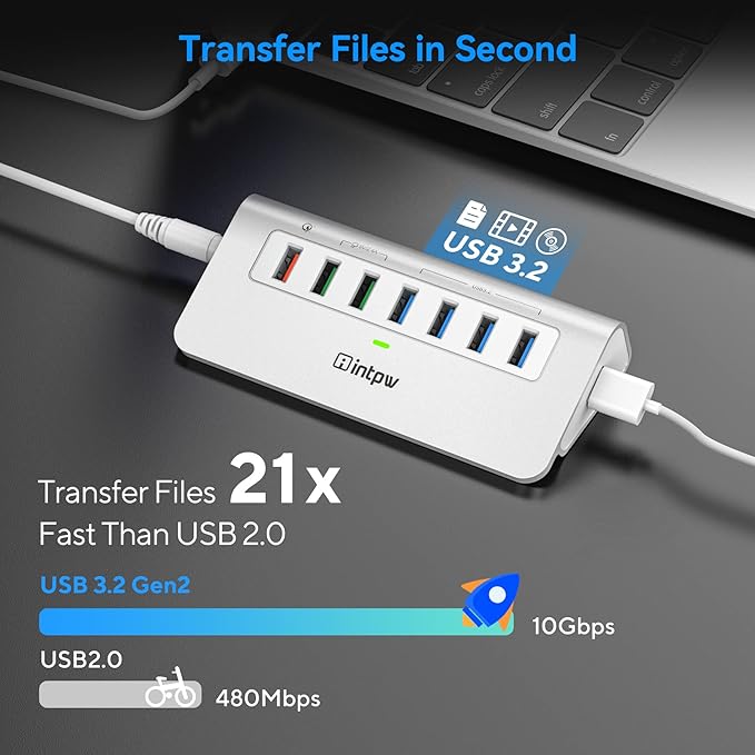Powered USB Hub 10Gbps, Aluminum 7 Port USB 3.2 Data Hub - Image 3