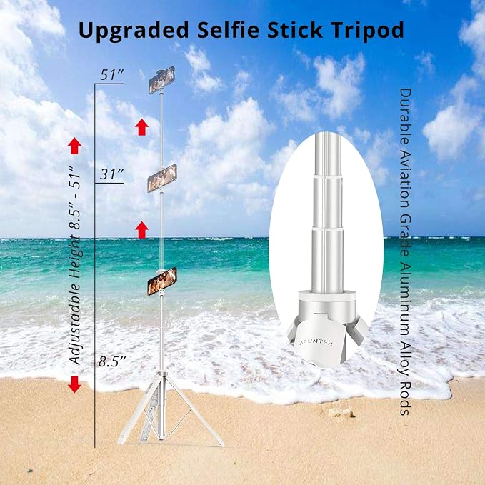 ATUMTEK 51" Selfie Stick Tripod, All in One Extendable Phone Tripod Stand - Image 2