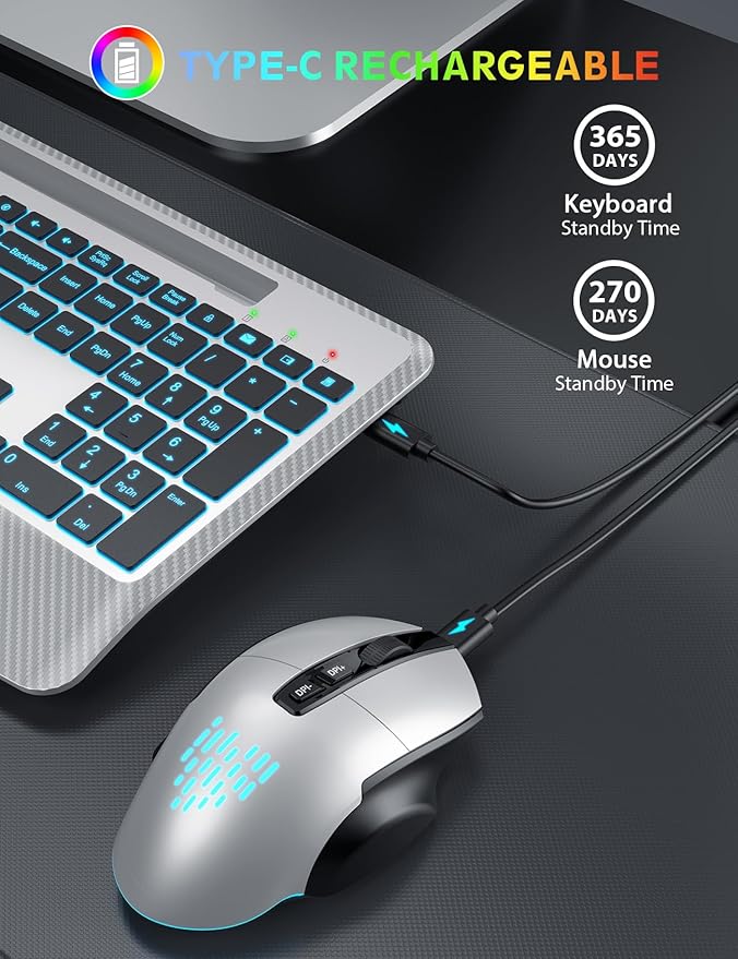 Wireless Keyboard and Mouse Backlits, Wrist Rest, LED Mouse, Rechargeable - Image 6