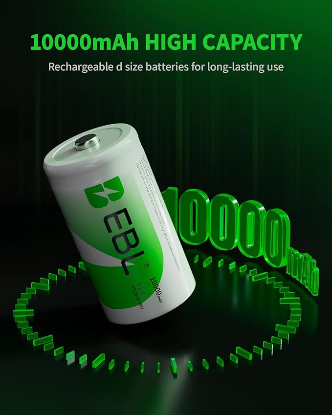 EBL Pack of 8 10000mAh Ni-MH D Cells Rechargeable Batteries, Battery Case - Image 4
