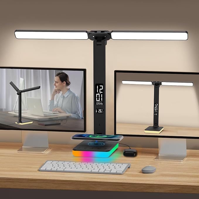 LED Desk Lamp with Charger, USB Charging Port, Dual Swing Arm Desk Light with 5 by oviouit