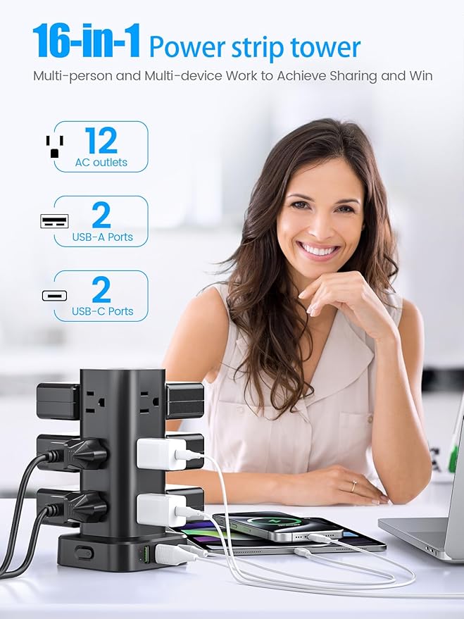 Flat Plug Power Strip Tower Surge Protector, 10FT Flat Extension Cord - Image 2