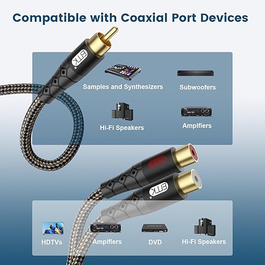 RCA Splitter Cable 1 Male to 2 Female Y Adapter - Image 3