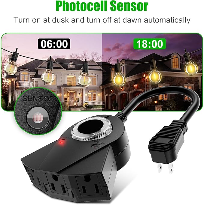 Outdoor Light Sensor Timer, 24 Hours Heavy Duty Waterproof Outlet Timer - Image 2