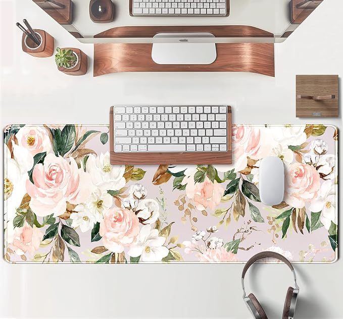 Pink Flowers Keyboard Pad PC Gaming Desk Mat Desk Mouse Pads Green Leaves - Image 4