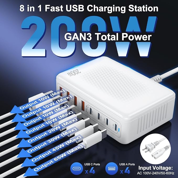 USB C Charger Block Charging Station - 200W Fast GaN 8-Port Multiple USB - Image 2