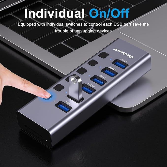 Powered USB Hub with TF/SD Card Reader, 8-Port USB 3.0 Hub with 6 USB 3.0 Data - Image 4