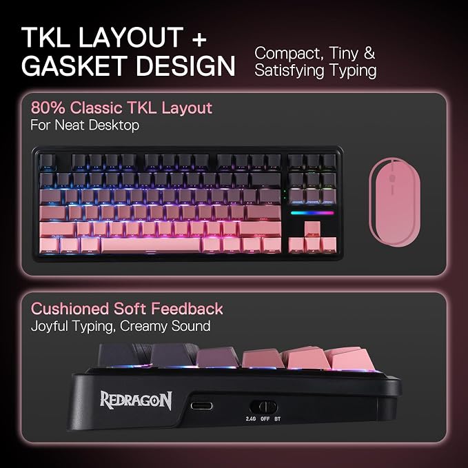 Redragon K728 PRO 80% Wireless Gasket Gaming Keyboard, 3-Mode 87 Keys TKL - Image 4