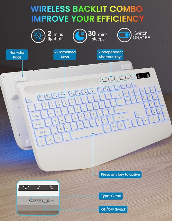 Wireless Keyboard with 7 Colored Backlit, Wrist Rest, Phone Holder, - Image 8