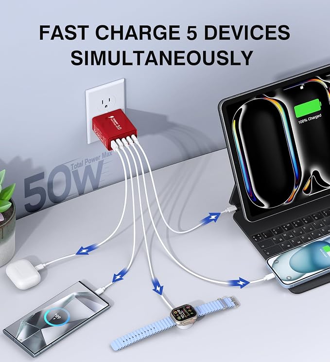 2Pack USB C Fast Charger Block, 50W 5-Port Type C Wall Charger Brick, Pad - Image 2