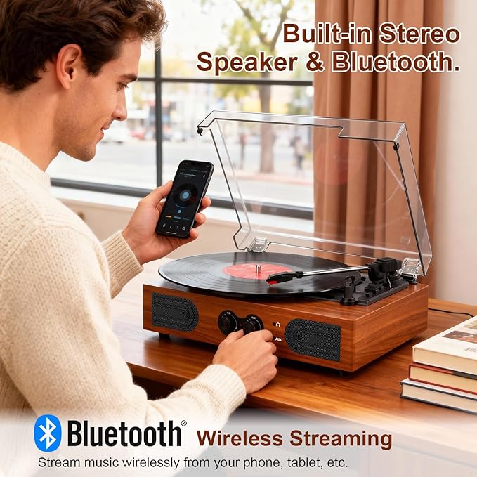 Vinyl Record Player with Walnut Finish, 3-Speed Belt-Drive Turntable with - Image 3