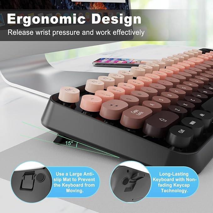 Wireless Keyboard and Mouse Combo, 104 Round Keys Cute Colorful Keyboard and - Image 6