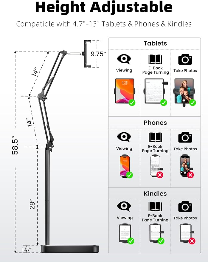 Kindle Floor Stand with Remote Page Turner, Tablet Stand with 11lb Stable Base - Image 5