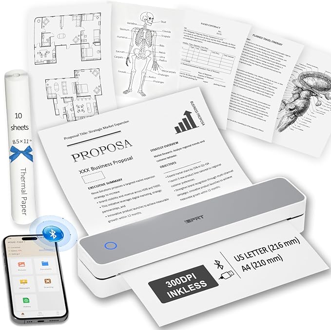 Inkless Portable Printer for Travel, 300DPI Wireless Thermal Printer Support by iDPRT