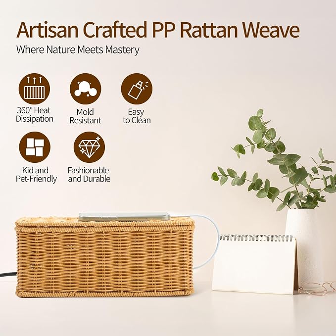 Delamu Handmade Rattan Cable Management Box, Cord Organizer - Image 6