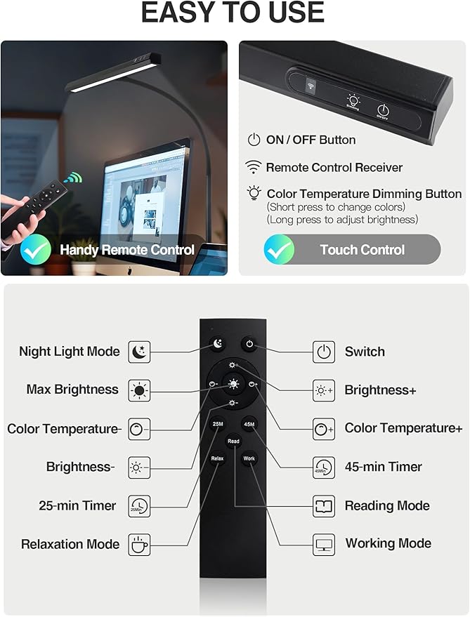 LED Desk Lamps for Home Office, 5 Color+9 Brightness Desk Light, Touch & Remote - Image 3