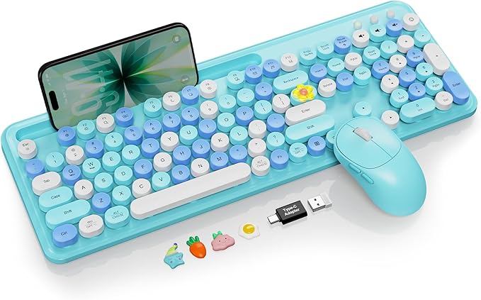 Wireless Keyboard and Mouse Combo, Retro Round Keycaps, Full-Size Cute by Trueque