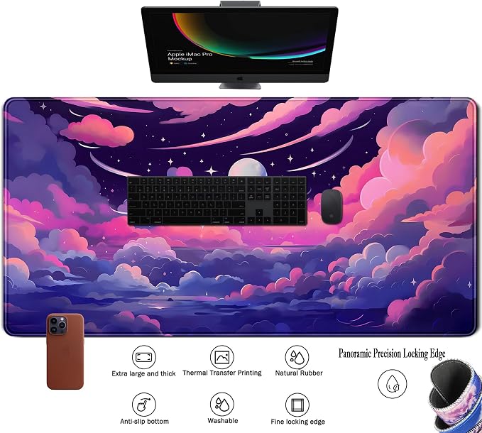 Pastel Pink Purple Clouds Moon Mouse pad Desk Mat, Cute Space Deskmat XXL Large - Image 3