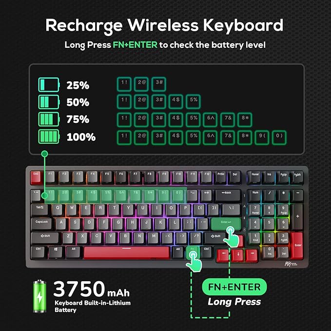 RK ROYAL KLUDGE RK98 Gaming Keyboard, Wireless Mechanical Keyboard 100 Keys - Image 6