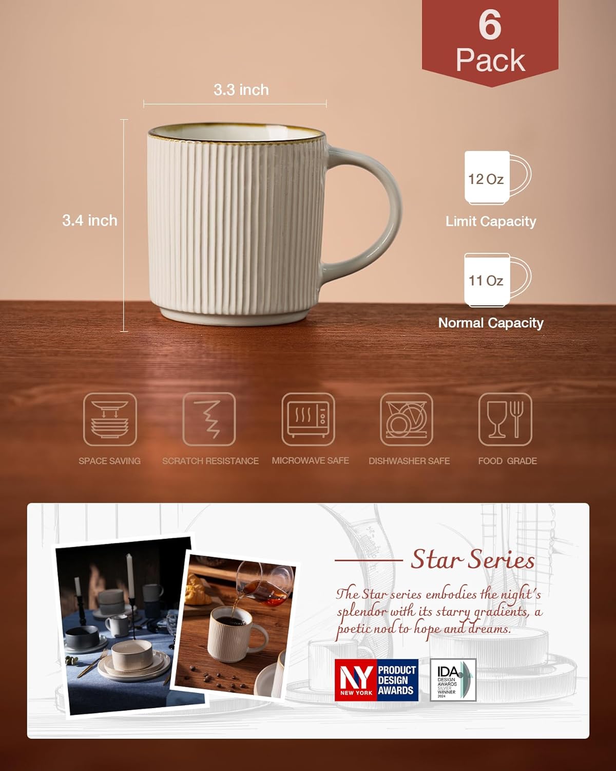 famiware Coffee Mug Set for 6, Star 12 oz Catering Mugs Cup Set with Handle for Coffee, Tea, Cocoa, Milk - Ceramic Stoneware Drinkware Set, White