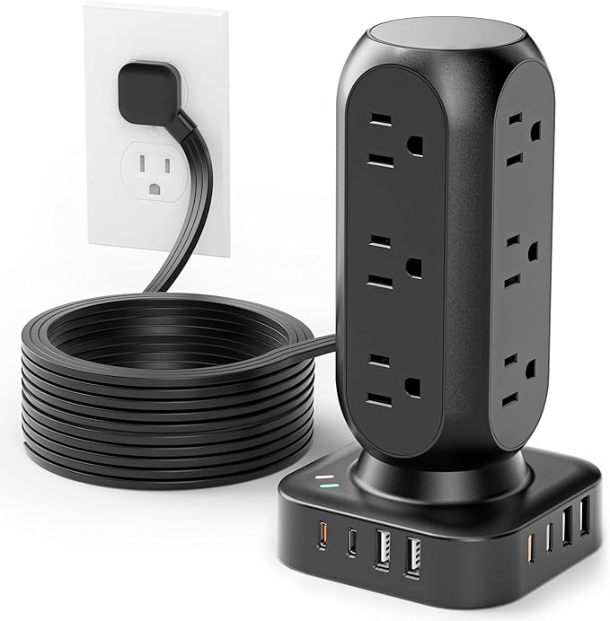 Flat Plug Power Strip Tower, TenTrend Dual PD 20W USB-C Charger Tower by TenTrend