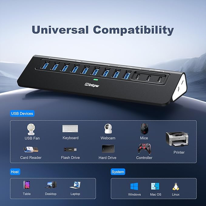 Powered USB Hub 10Gbps, intpw YH9AC 12-Port USB C Hub - Image 6