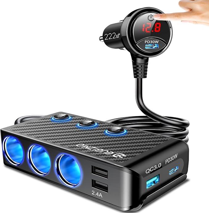 Cigarette Lighter Adapter, 222W 3 Socket Car Cigarette Lighter Plug USB Charger by EUGIZMO