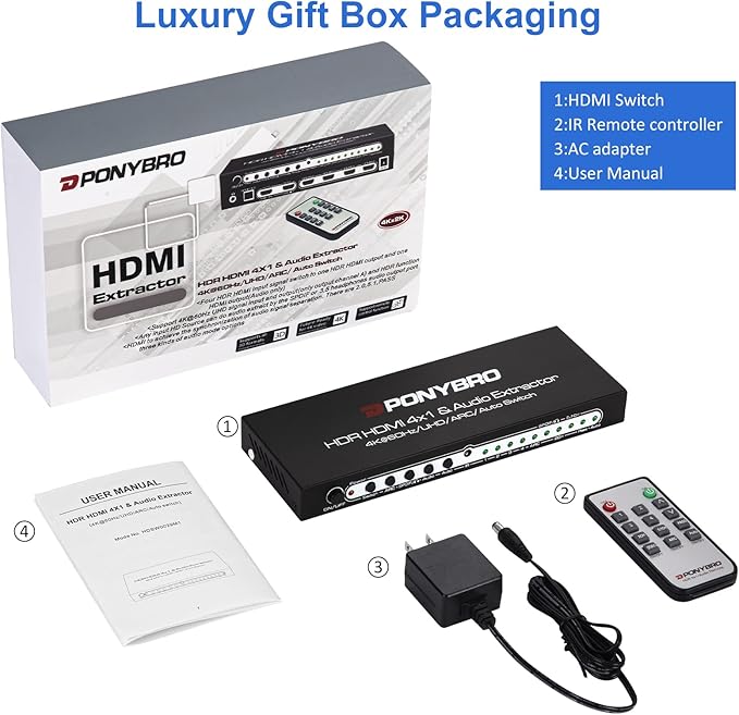 HDMI 2.0 Switch 4 Port with Audio Extractor – 4K@60Hz HDR10, Optical/AUX/ARC - Image 7