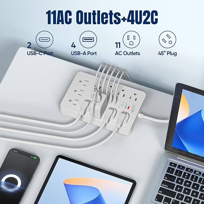 2 Pack 5 FT Flat Plug Surge Protector Power Strip, 11 Multiple AC Outlets - Image 2