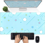 Kawaii Pastel Blue Star Grid Desk Pad, Large Gaming Mousepad & Keyboard Mat by DSKGSJH