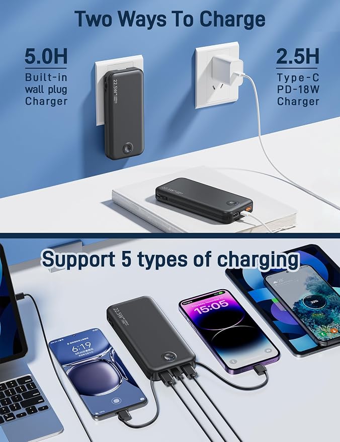 Portable Charger with Built in Cable and AC Wall Plug, USB C Power Bank - Image 5