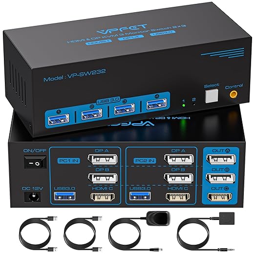 8K@60Hz HDMI Displayport KVM Switch 3 Monitors 2 Computers 4K@120Hz Triple by CMSTEDCD