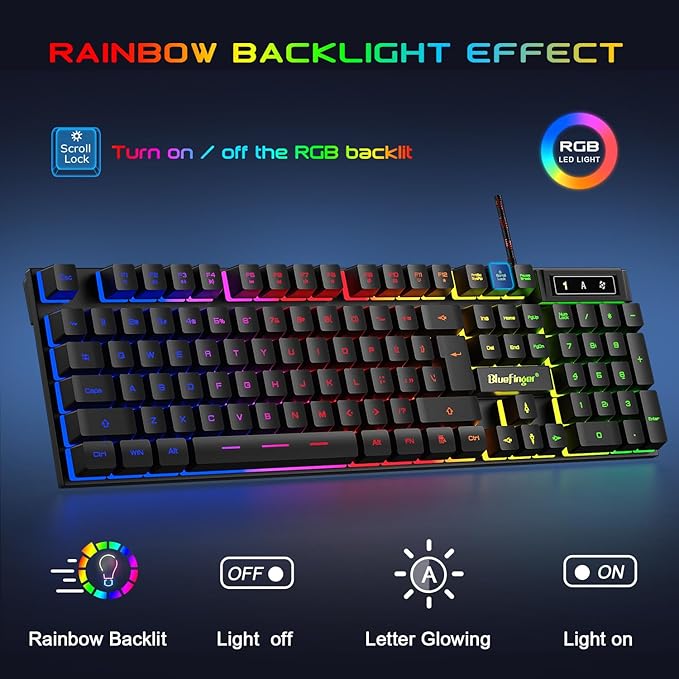 BlueFinger RGB Gaming Keyboard and Backlit Mouse and Headset Combo, USB Wired - Image 2