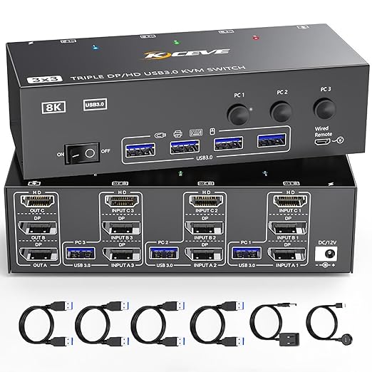 KVM Switch 3 Monitors 3 Computers 8K@60Hz 4K@144Hz, HDMI Dispalyport Triple by Welcometothebrandflagship