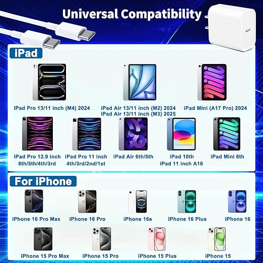 Long 10FT iPad Pro Charger 20W Fast Wall Charger Block, 10Foot USB C to C Cable - Image 5