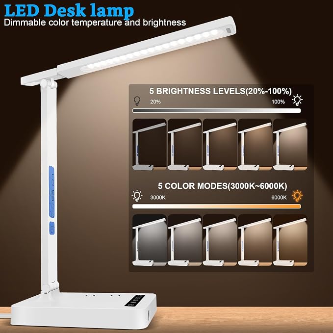 Smart Desk Lamp with Dual USB Charging & 2 AC Outlets, Digital Clock, - Image 2