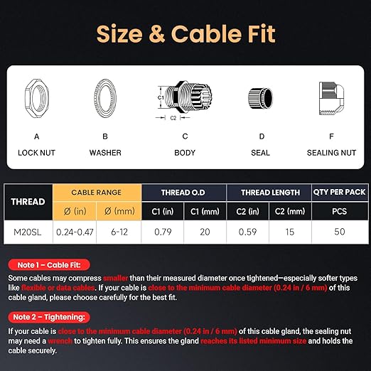 QILIPSU 50pcs M20SL Long Thread Cable Gland Waterproof IP68 Nylon Strain Relief - Image 5