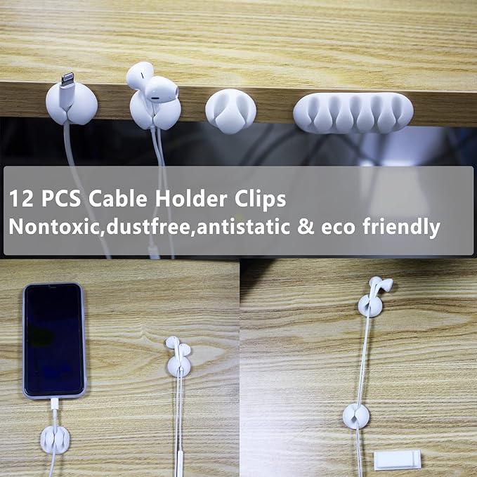 White Cable Management Organizer Kit 4 Cable Sleeve Split, 47Cable Clips 12Cord - Image 2