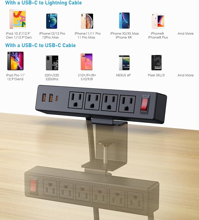 Dual Layer Desk Clamp Power Strip Surge Protector, Under Desk Power Strip - Image 7